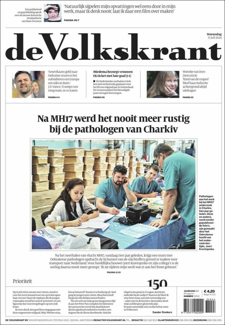Portada de De Volkskrant (Pa&iacute;ses Bajos)