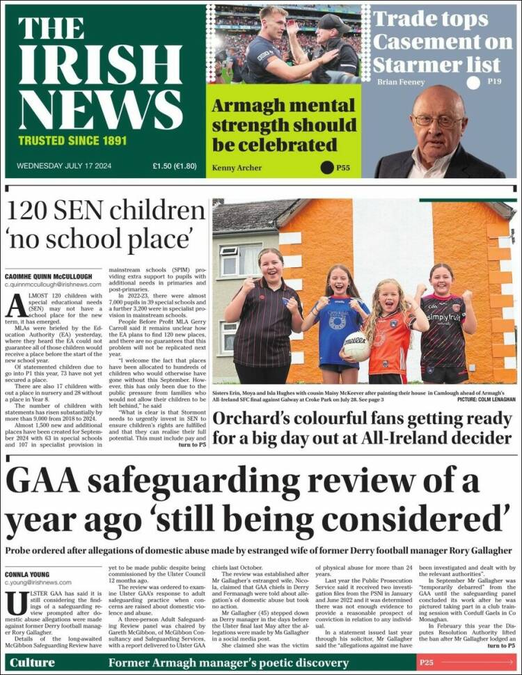 Portada de Irish News (Reino Unido)