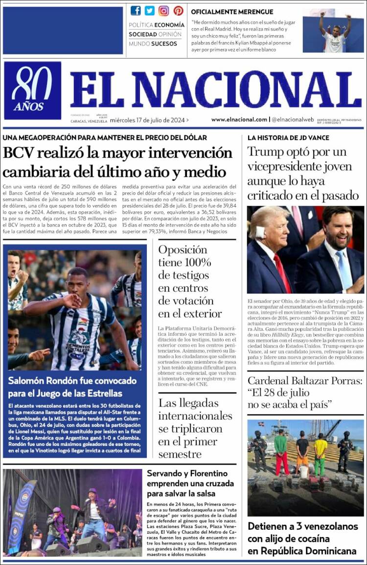 Portada de El Nacional (Venezuela)