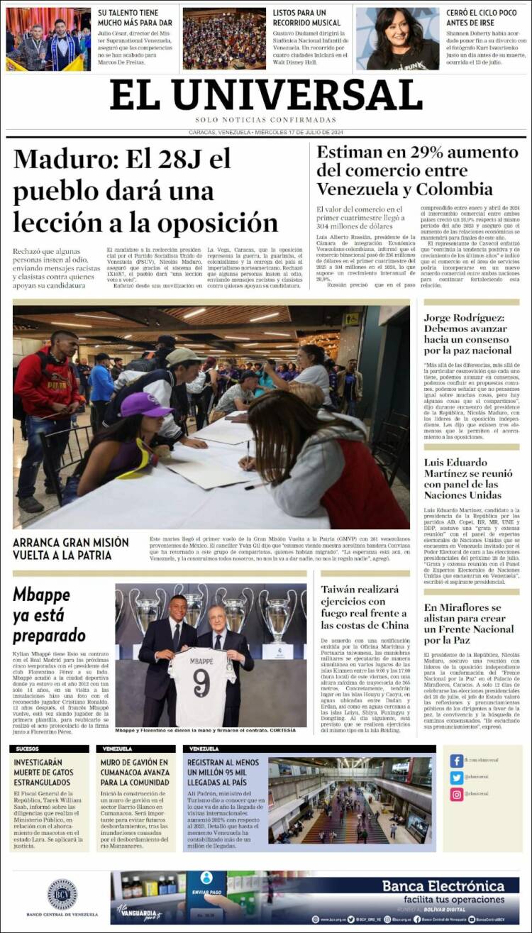 Portada de Universal (Venezuela)