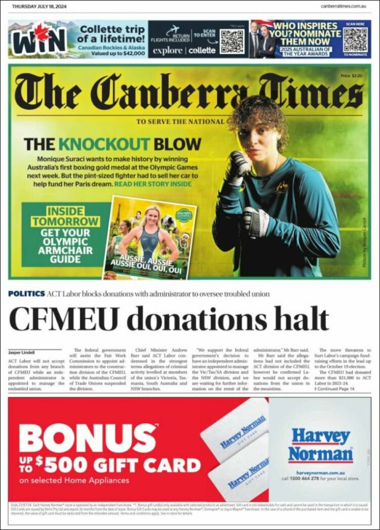 Portada de The Canberra Times (Australia)