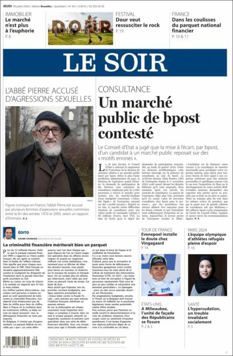 Portada de Le Soir (B&eacute;lgica)