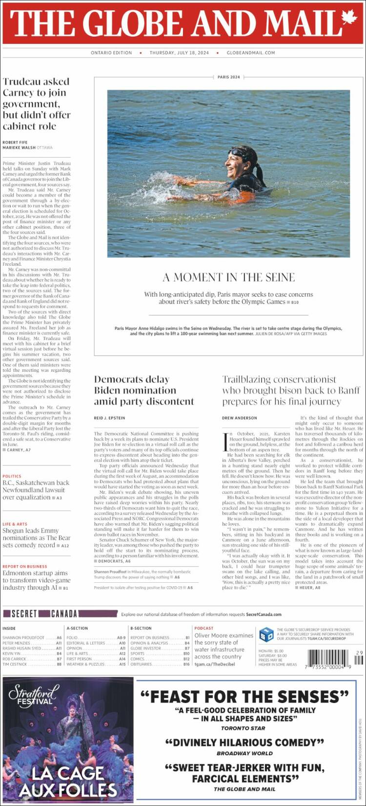 Portada de The Globe and Mail (Canadá)