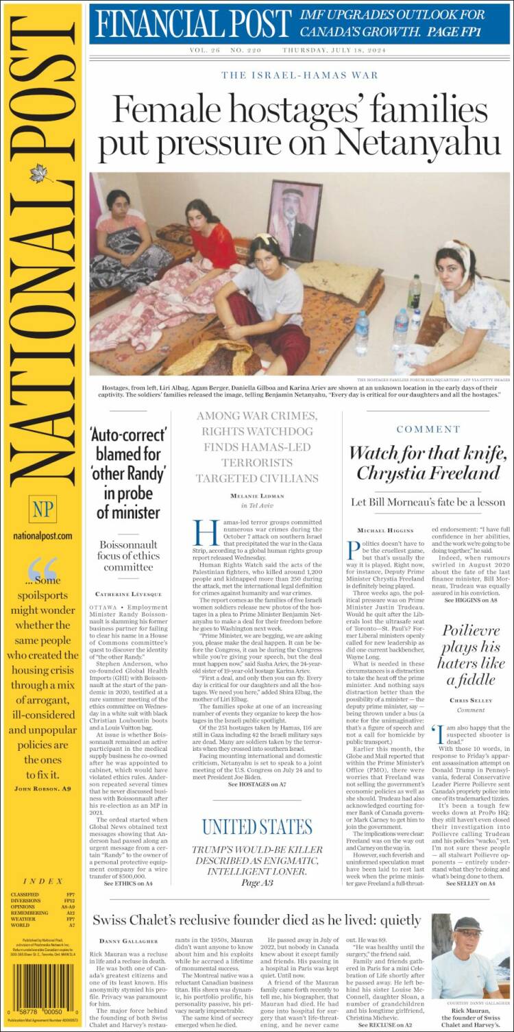 Portada de The National Post (Canadá)