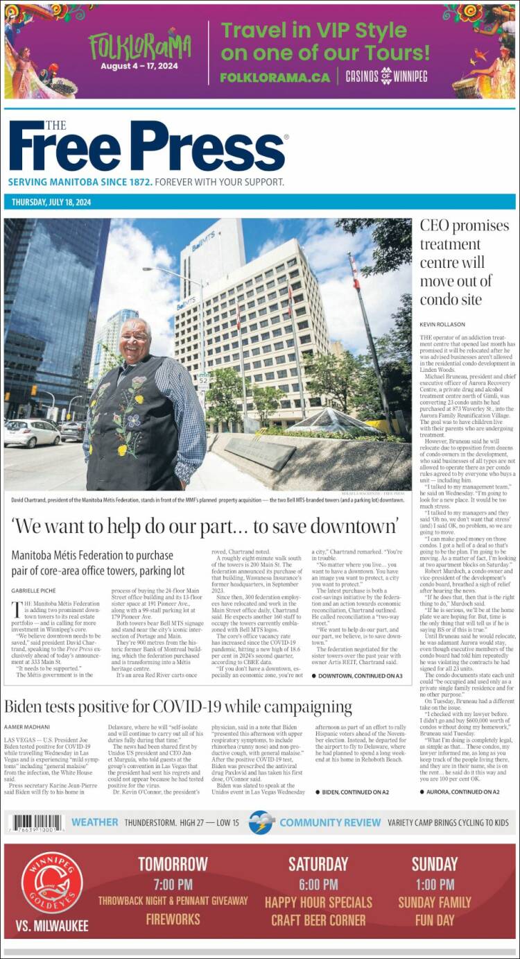 Portada de Winnipeg Free Press (Canadá)