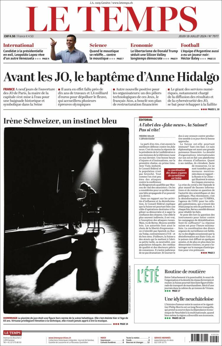 Portada de Le Matin (Suiza)