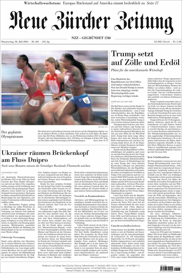 Portada de Neue Zürcher Zeitung (Suiza)