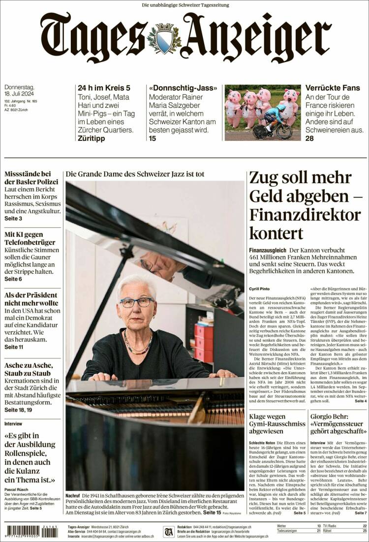 Portada de Tages-Anzeiger (Suiza)