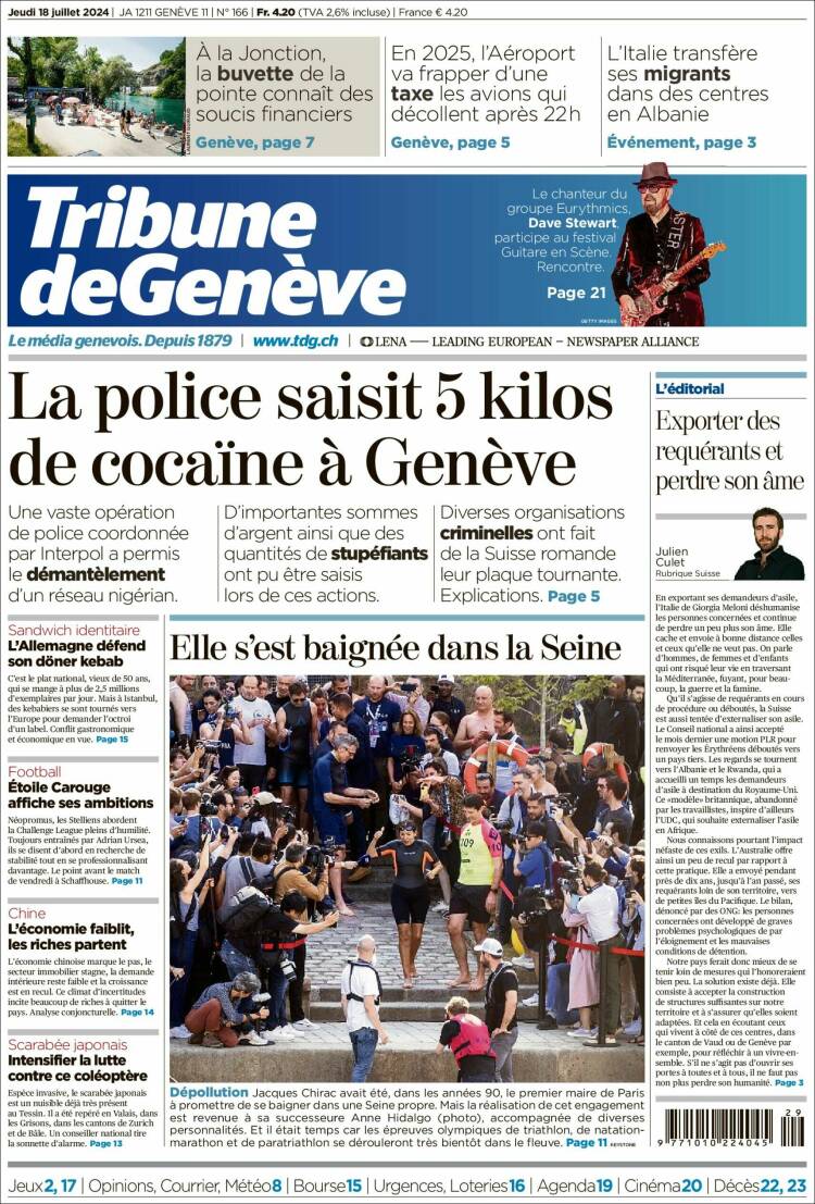 Portada de La Tribune de Genève (Suisse)