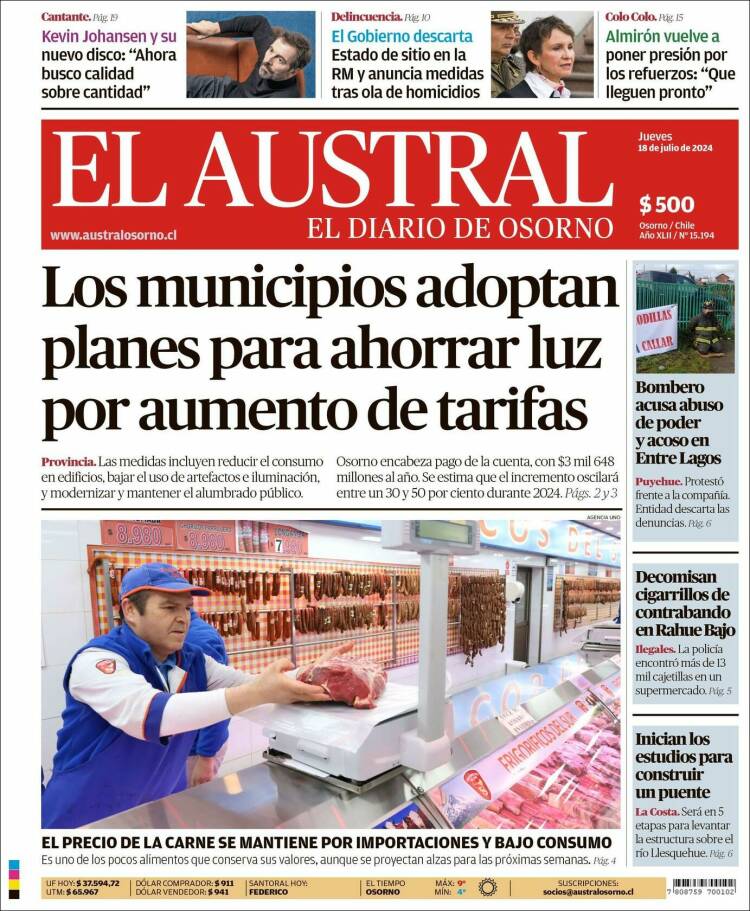 Portada de El Austral de Osorno (Chile)
