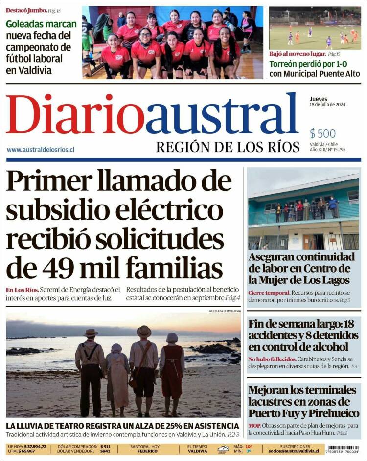Portada de El Diario Austral de Valdivia (Chile)