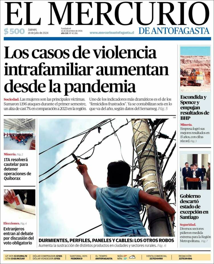 Portada de El Mercurio de Antofagasta (Chile)