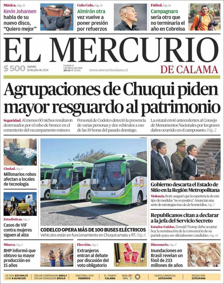 Portada de El Mercurio - Calama (Chile)