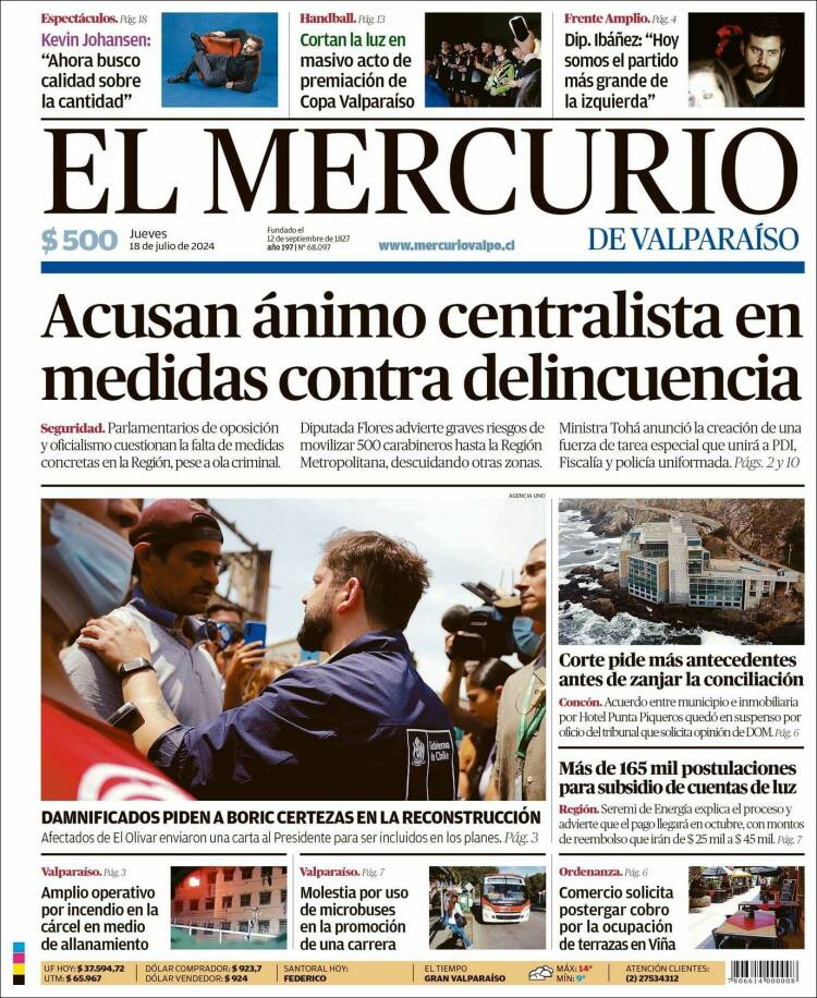 Portada de Mercurio de Valparaiso (Chile)