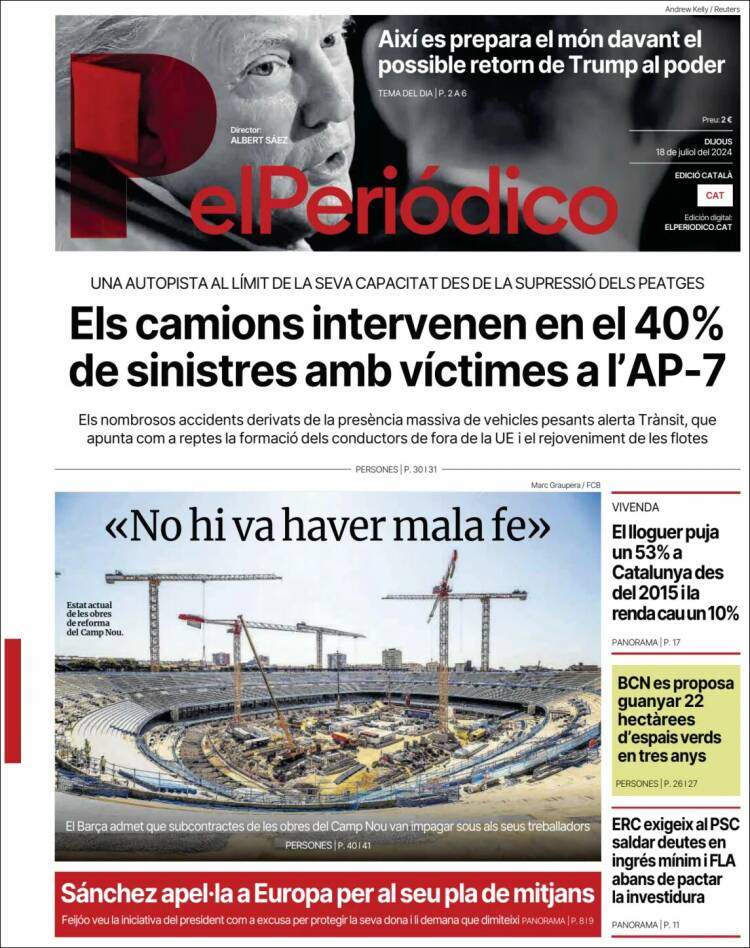 Portada de El Periódico de Catalunya (España)