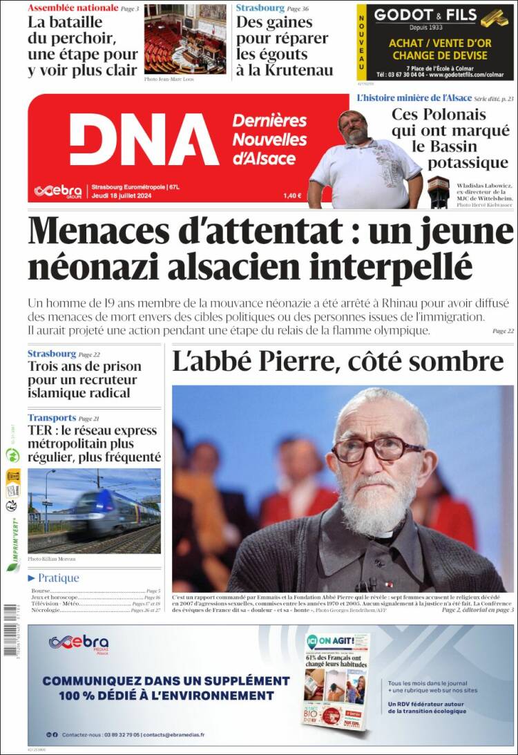 Portada de Les Dernières Nouvelles d'Alsace (Francia)