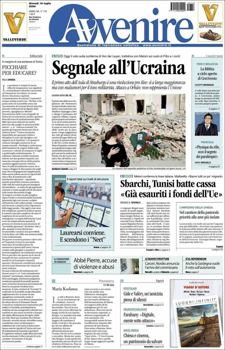 Portada de Avvenire (Italia)