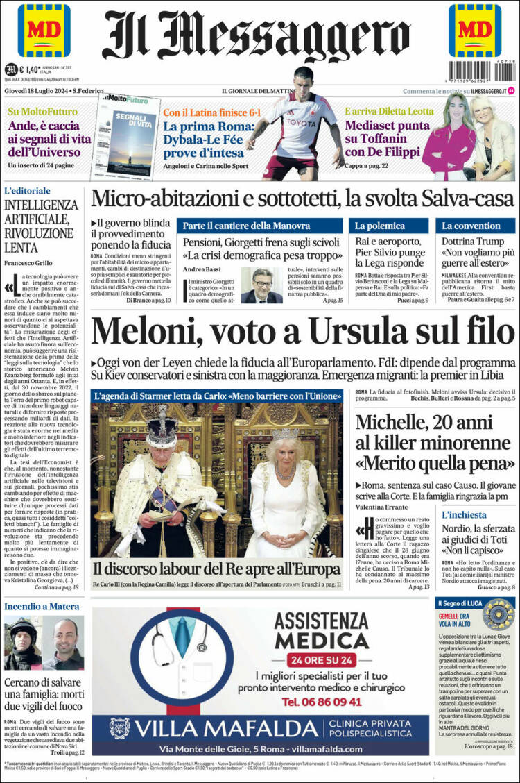 Portada de Il Messaggero (Italia)