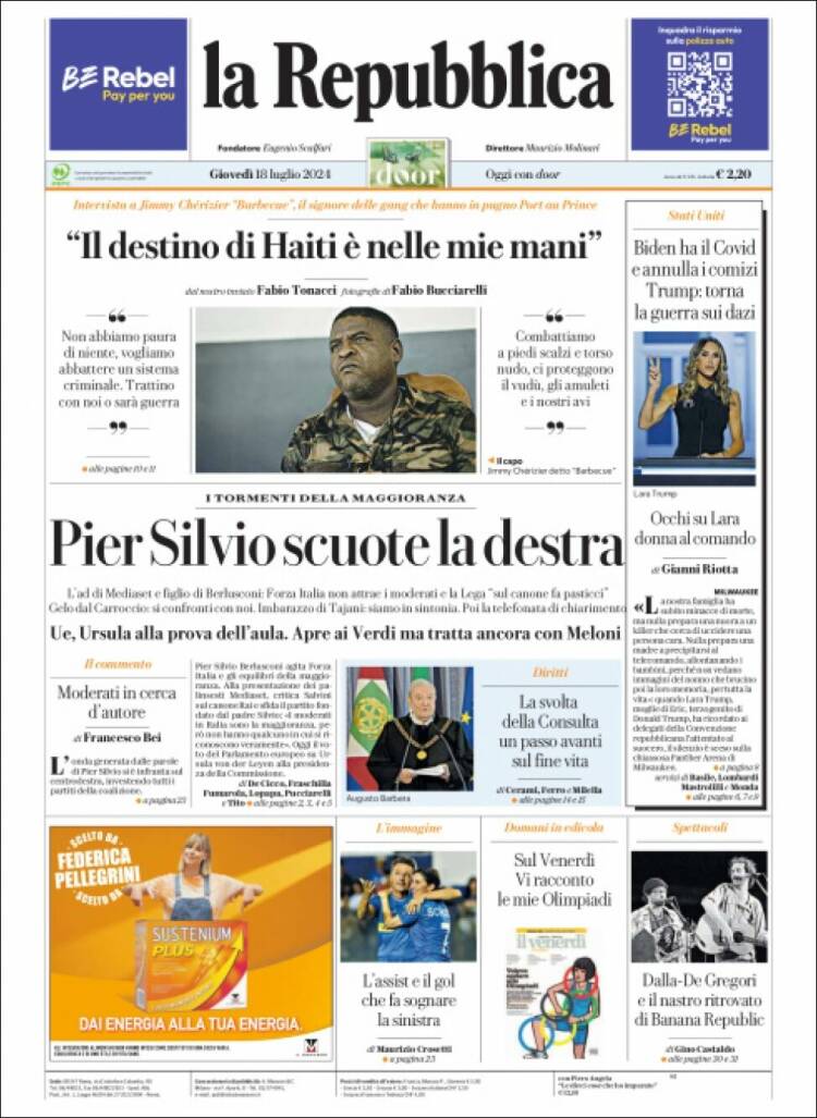 Portada de La Repubblica (Italia)