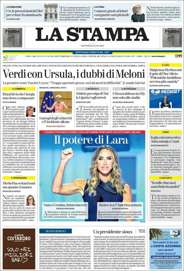 Portada de La Stampa (Italia)