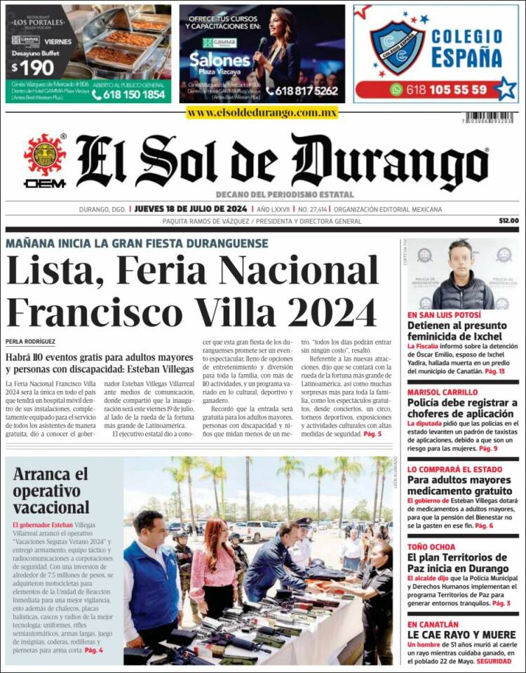 Portada de El Sol de Durango (M&eacute;xico)