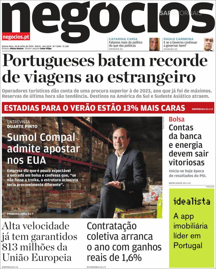 Portada de Jornal de Negócios (Portugal)
