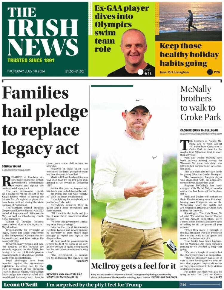 Portada de Irish News (Reino Unido)