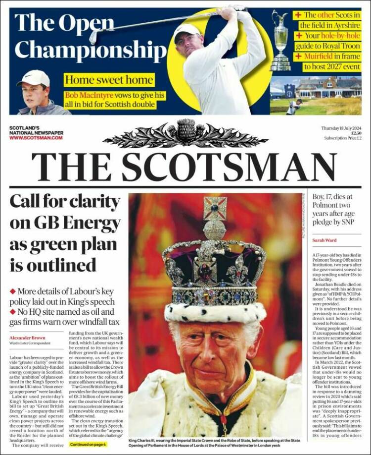 Portada de The Scotsman (Reino Unido)