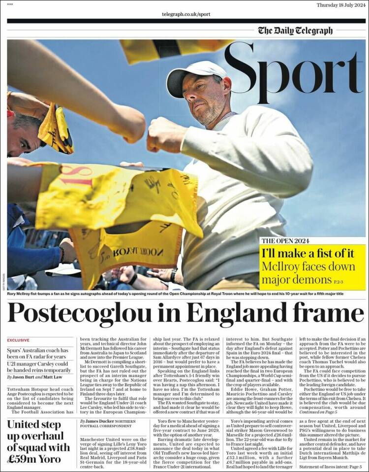Portada de Telegraph Sport (Reino Unido)