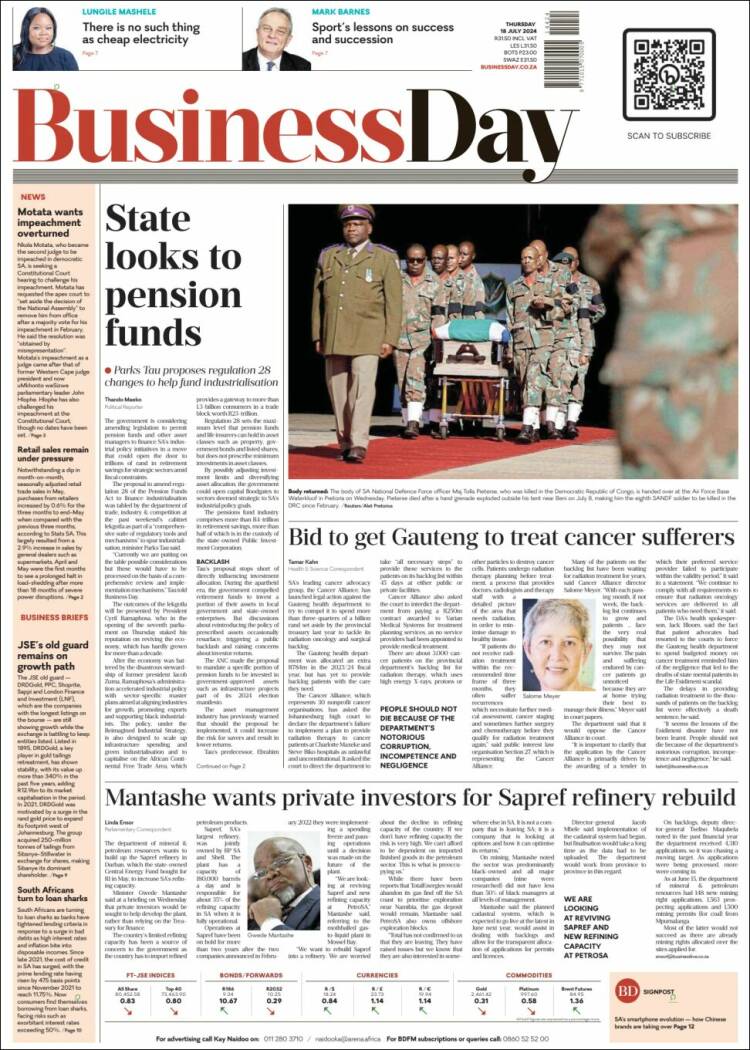 Portada de Business Day (Sud&aacute;frica)