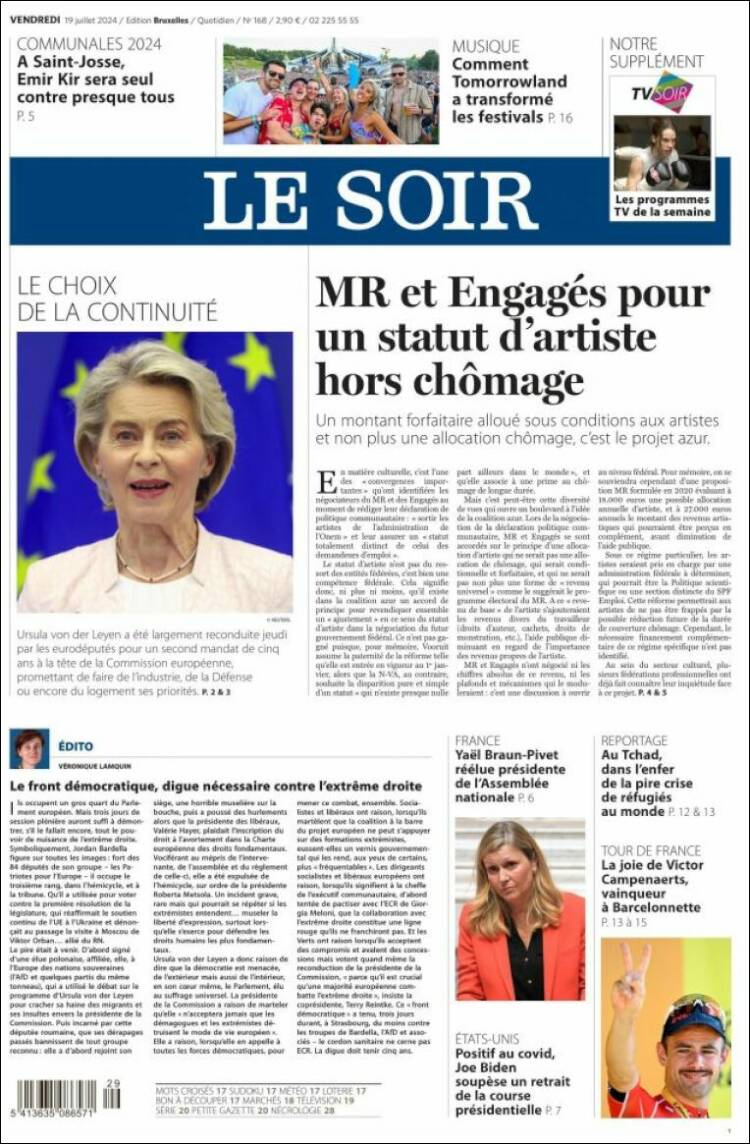 Portada de Le Soir (B&eacute;lgica)