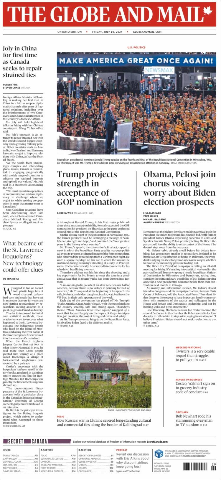 Portada de The Globe and Mail (Canadá)