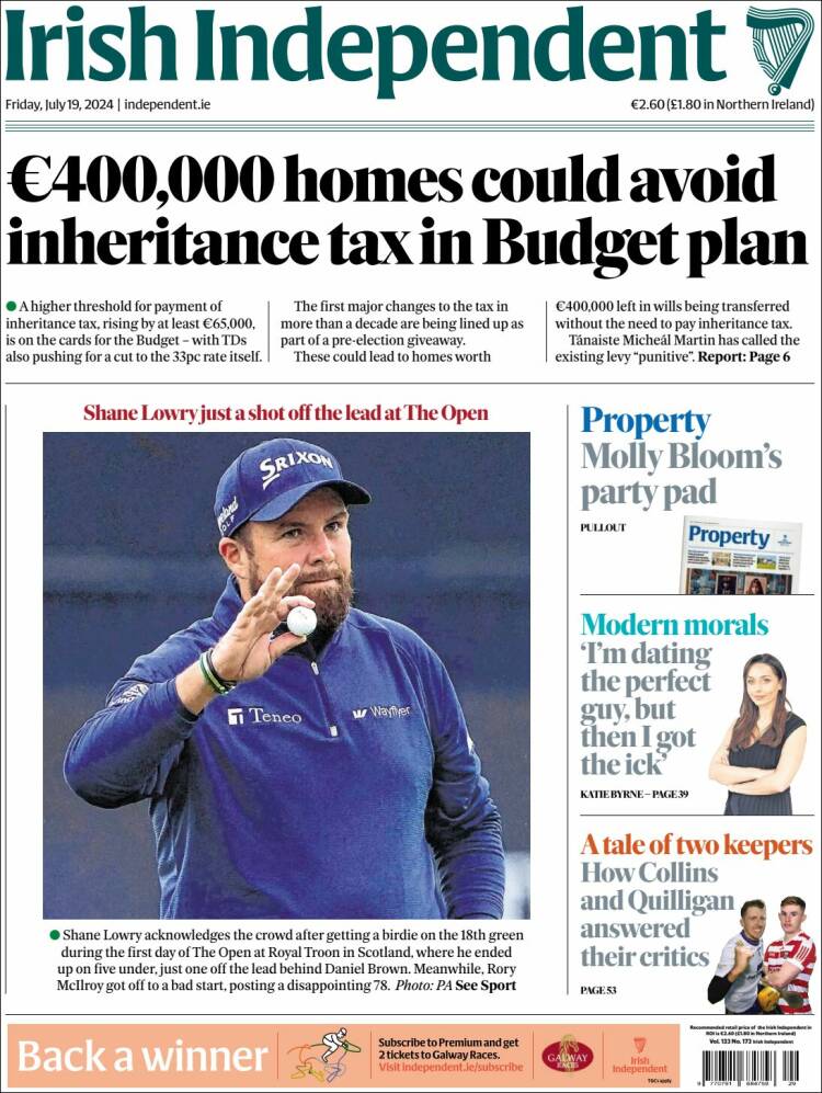 Portada de Irish Independent (Irlanda)