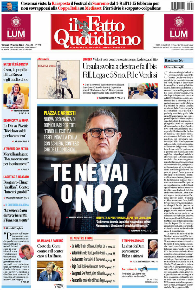 Portada de Il Fatto Quotidiano (Italia)