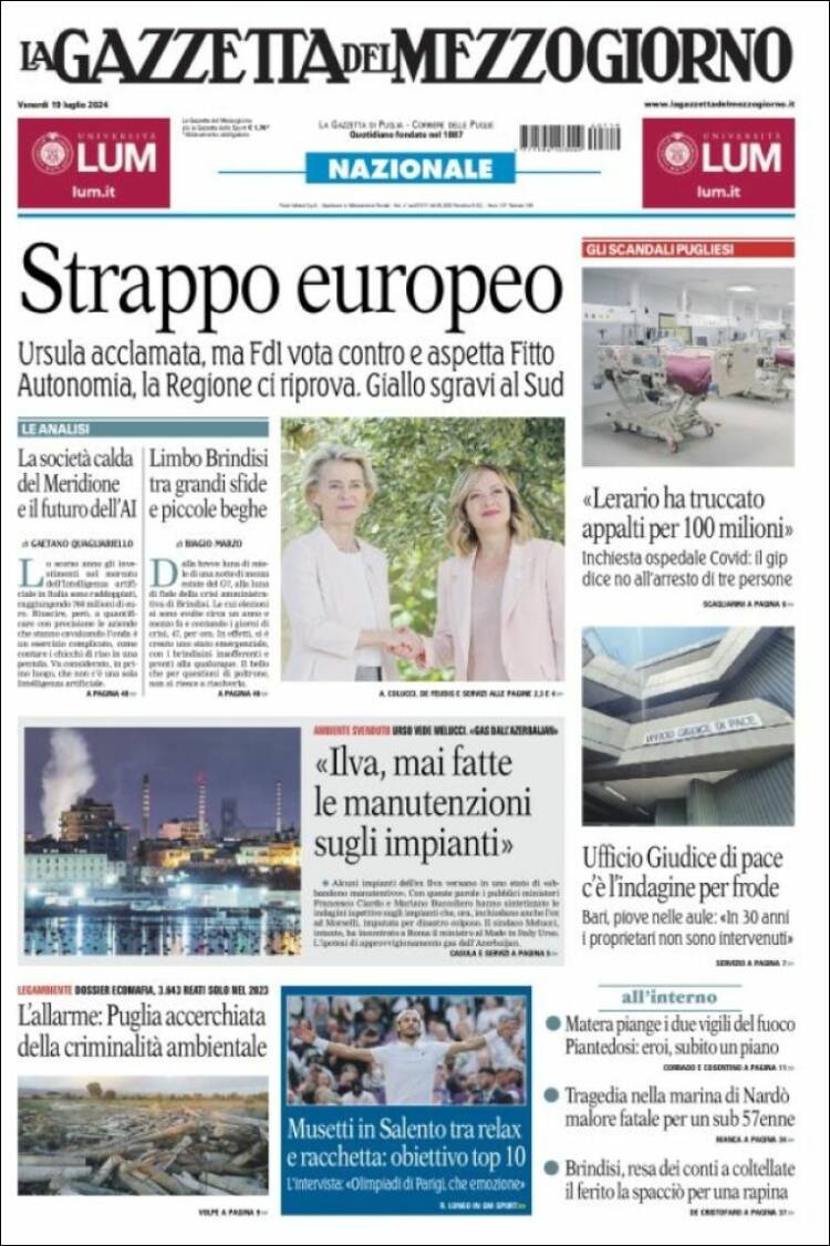 Portada de La Gazzetta del Mezzogiorno (Italia)