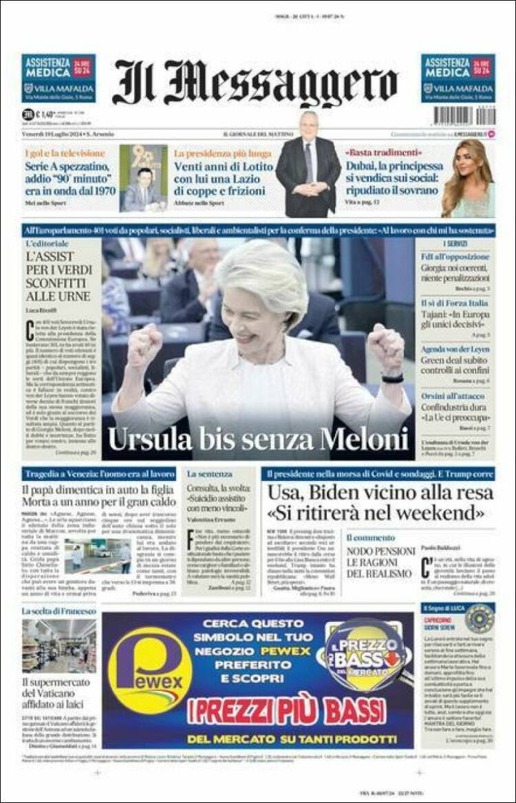 Portada de Il Messaggero (Italia)