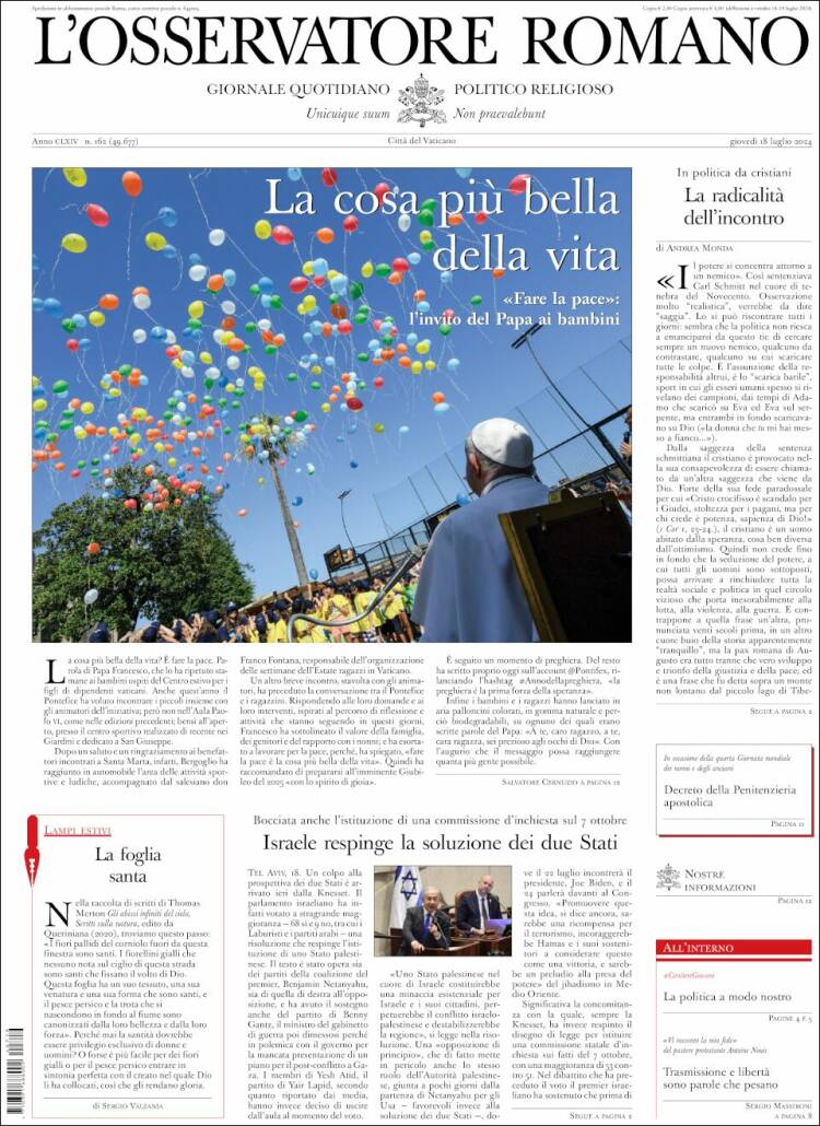 Portada de L'Osservatore Romano (Italia)