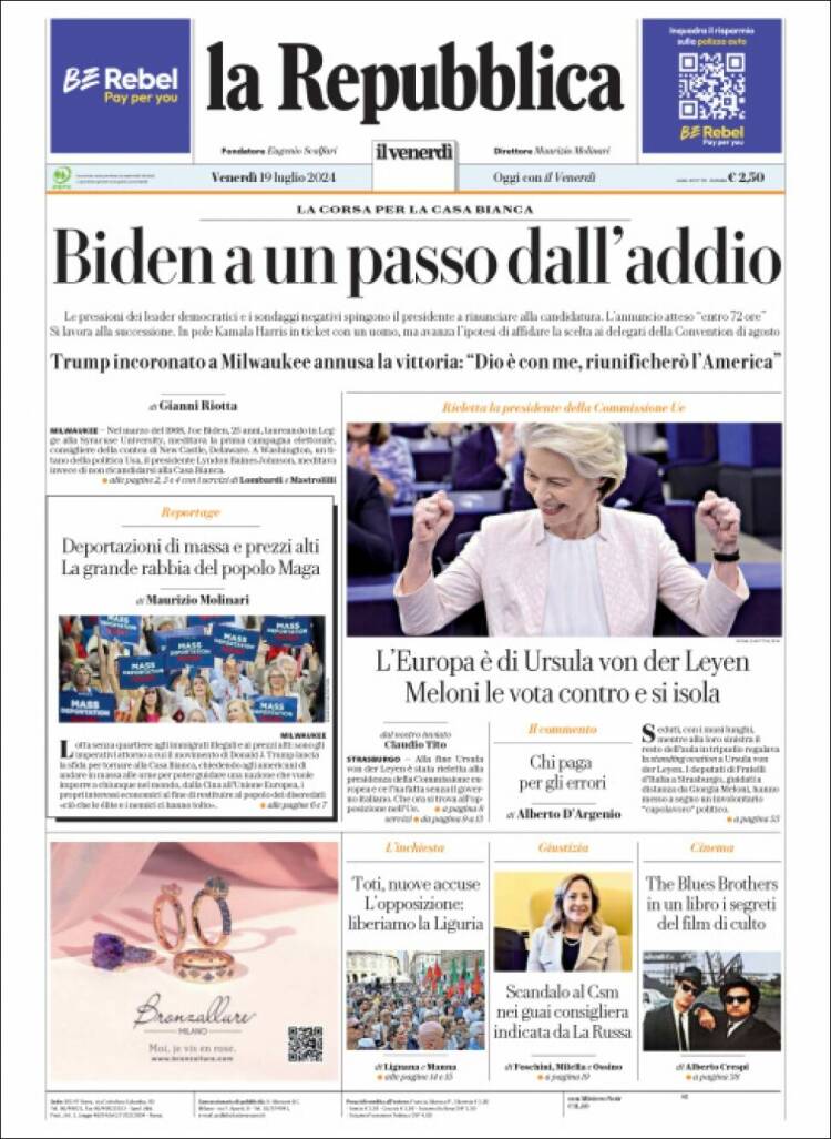 Portada de La Repubblica (Italia)