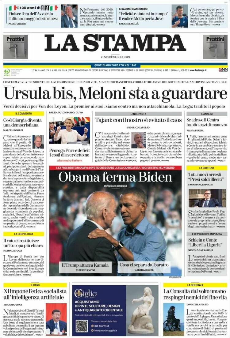 Portada de La Stampa (Italia)