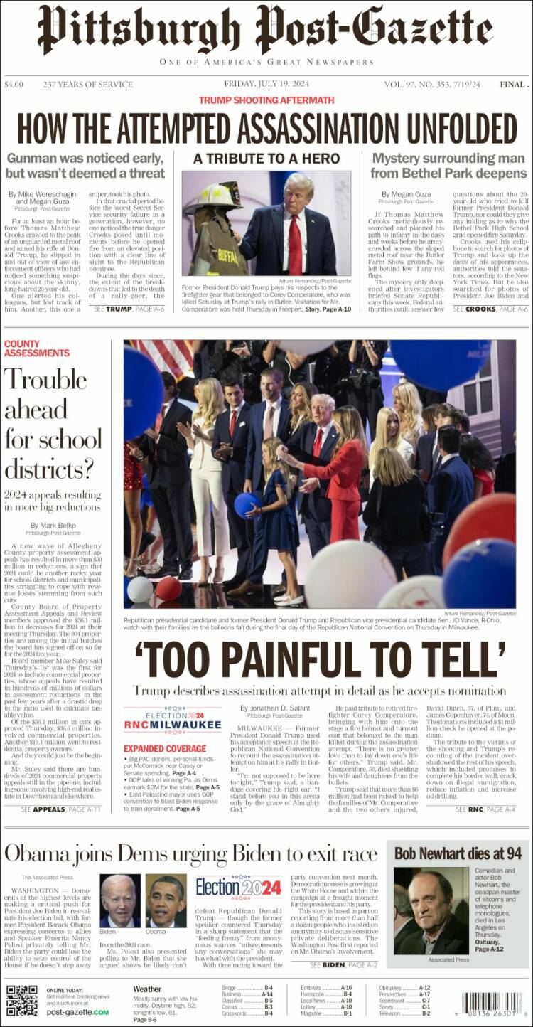 Portada de Pittsburgh Post-Gazette (USA)