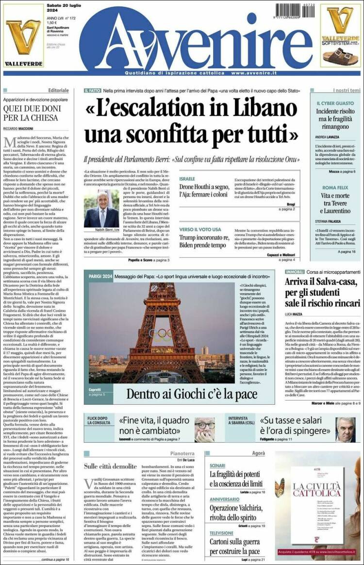 Portada de Avvenire (Italia)