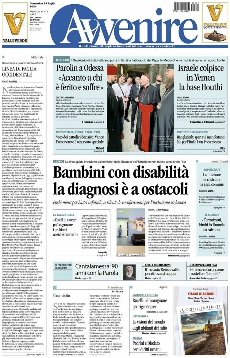 Portada de Avvenire (Italia)