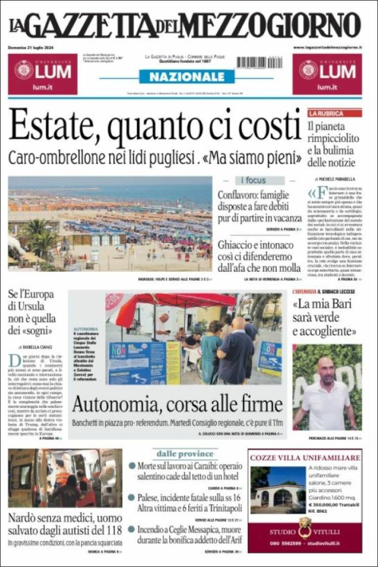 Portada de La Gazzetta del Mezzogiorno (Italia)