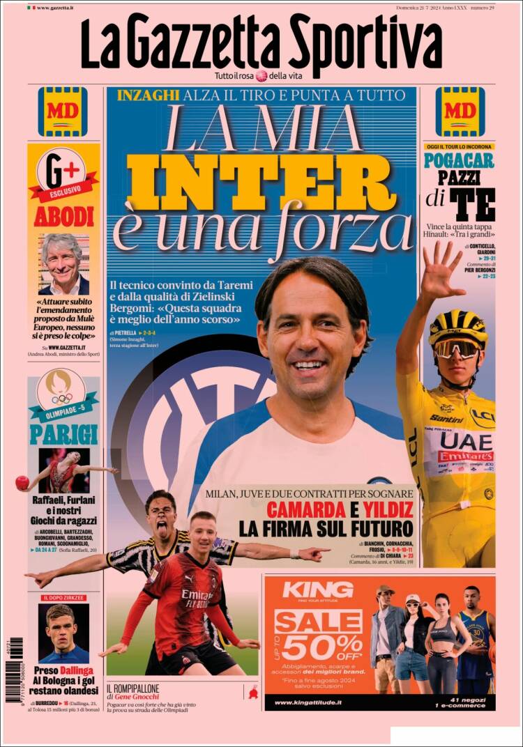 Portada de La Gazzetta dello Sport (Italia)