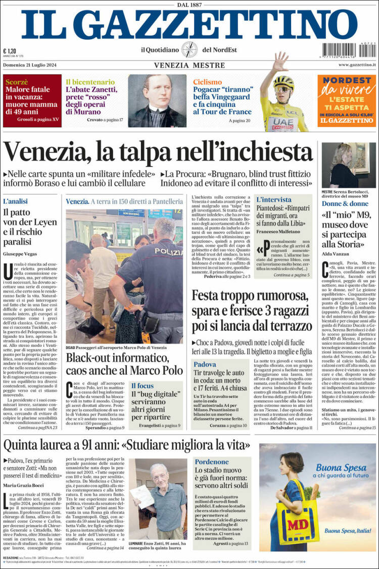 Portada de Il Gazzettino (Italia)