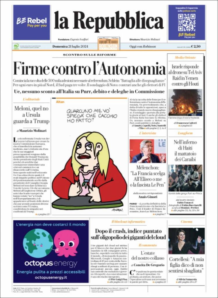 Portada de La Repubblica (Italia)