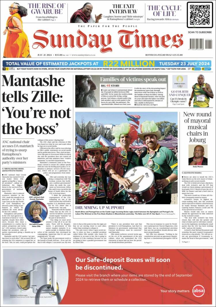 Portada de The Times (Sud&aacute;frica)