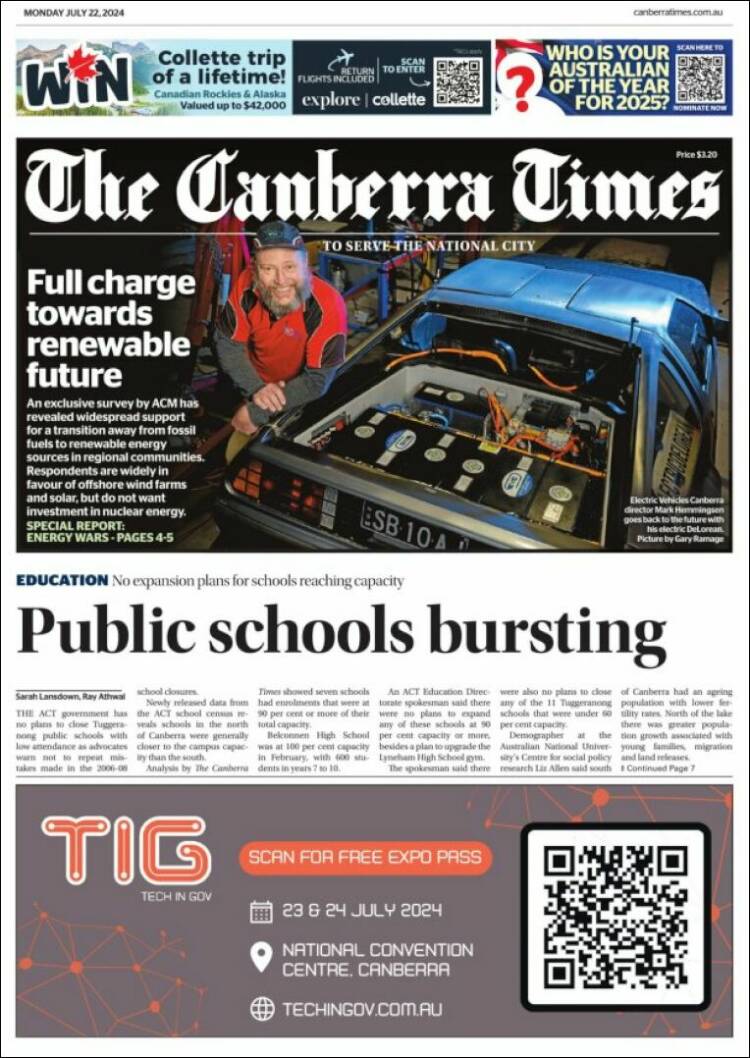 Portada de The Canberra Times (Australia)