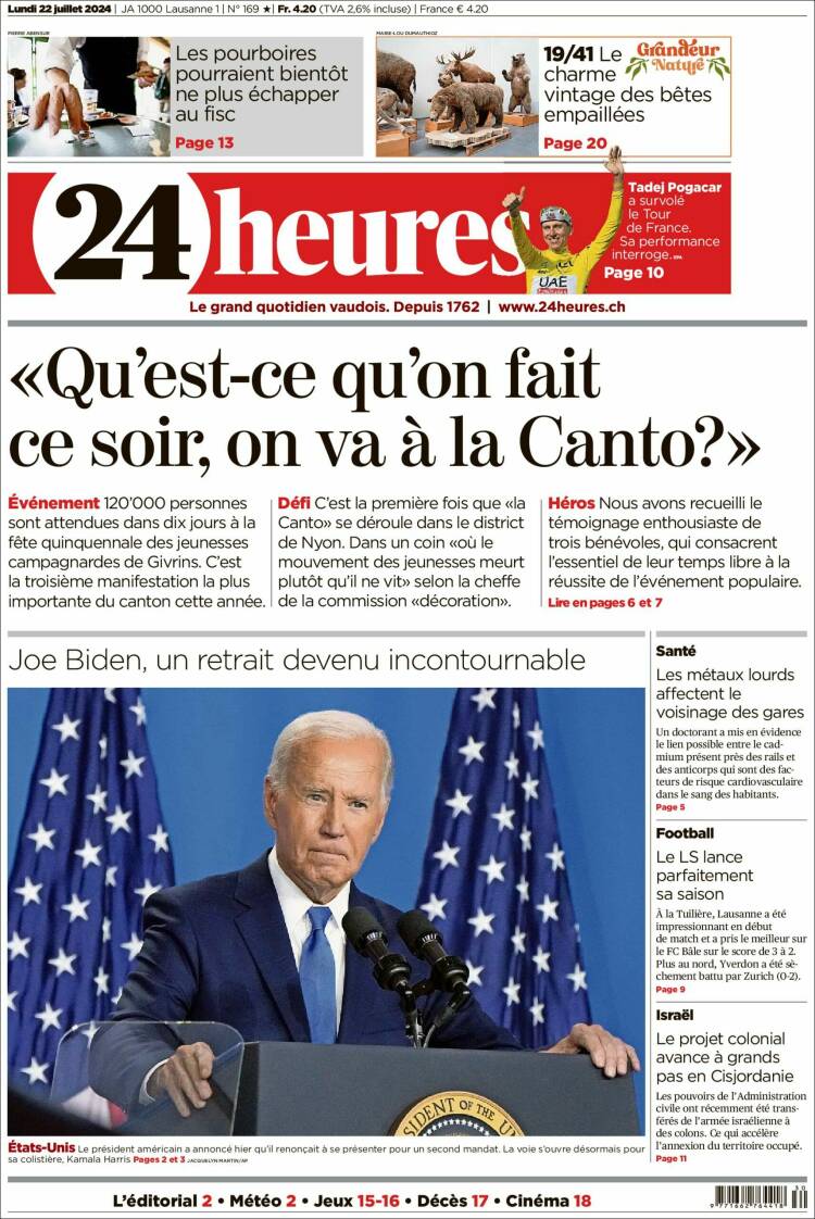Portada de 24 Heures (Suiza)