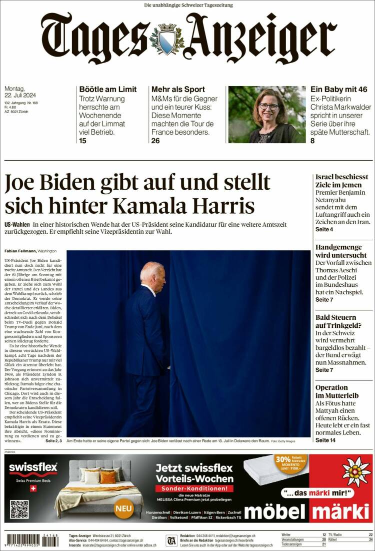 Portada de Tages-Anzeiger (Suiza)